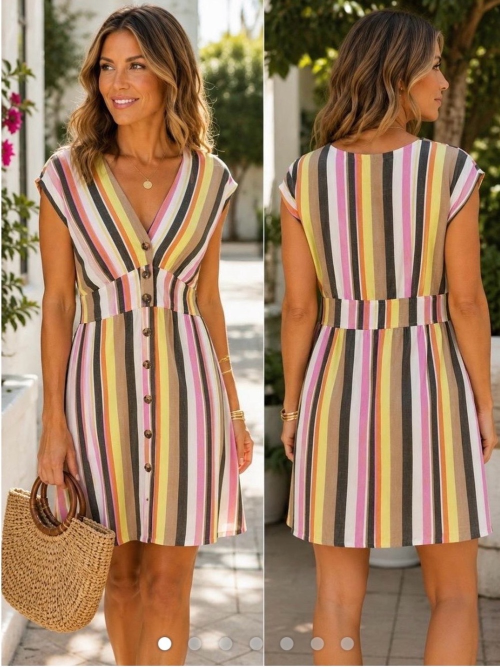 LOFT Striped V-Neck Midi Dress in Pink, Yellow, Green, Brown & Cream